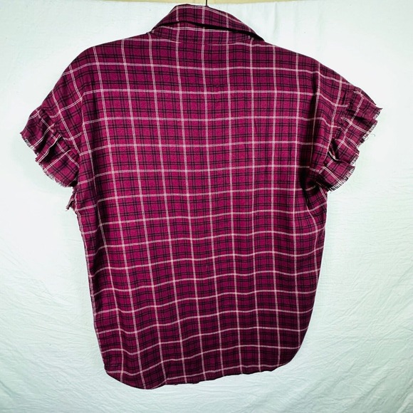 Paige plaid button down‎ Women short sleeve distressed ruffles shirt soft Red XS - Picture 5 of 6